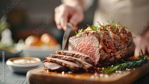 A close-up of a succulent prime rib roast, sliced and ready to be served.