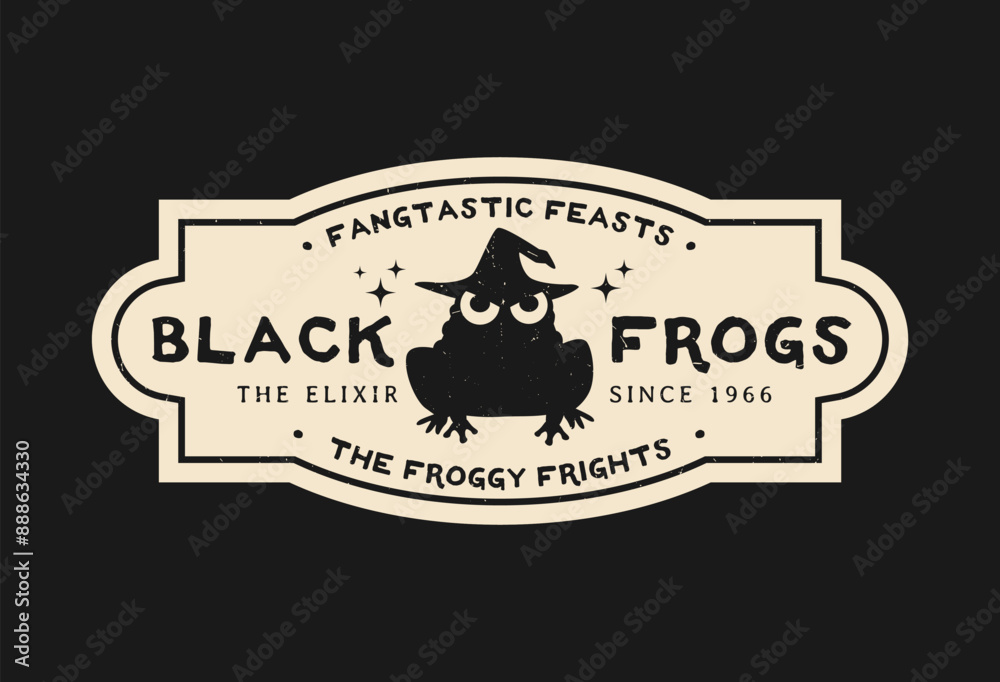 Halloween potion bottle label with witch frog. Halloween season celebration party drink or potion, autumn horror event beverage grunge vector bottle label, tag or sticker with frog in witch hat