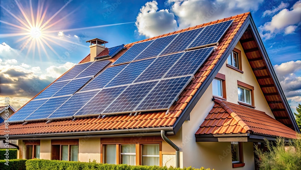 Fototapeta premium Solar panels on the roof of a house , renewable energy, alternative energy, clean energy, photovoltaic