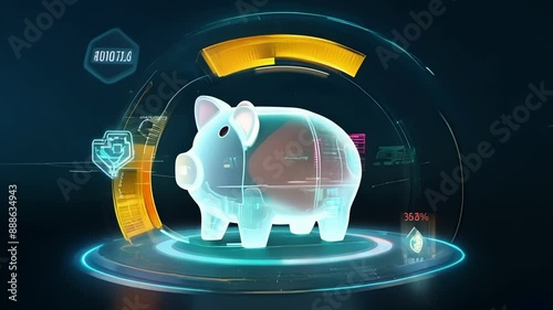 A holographic sculpture of a team of figures carrying a giant piggy bank a tongueincheek nod to the importance of saving and managing finances wisely. photo