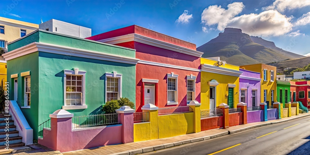 Fototapeta premium Distinctive bright houses in the Bo-Kaap district of Cape Town, South Africa, Bo-Kaap, Cape Town, South Africa