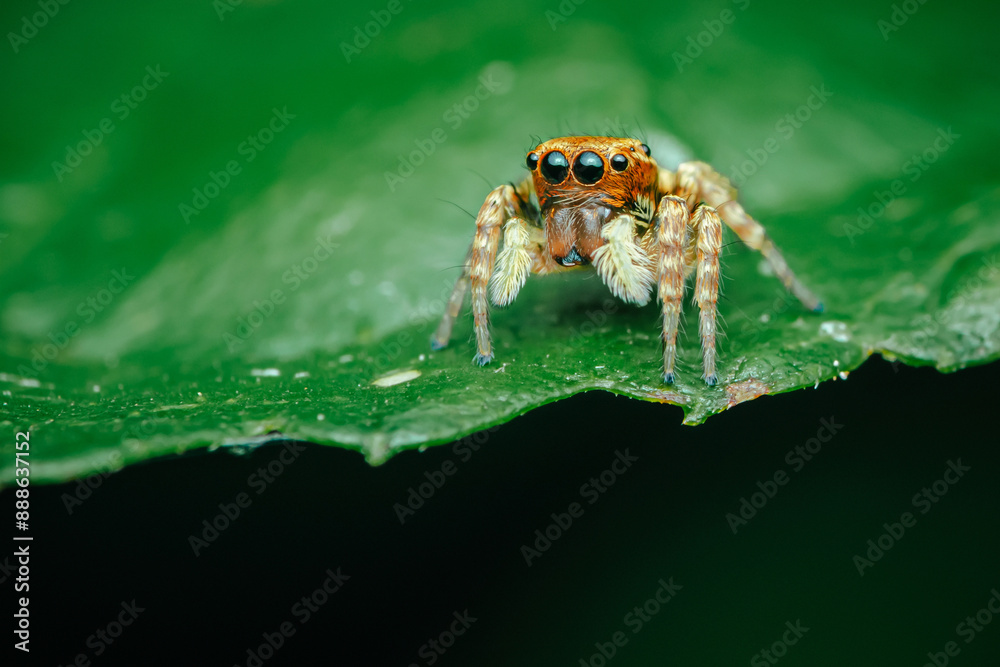 Naklejka premium Jumping spider on green leaf.
