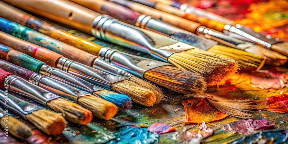 Fototapeta premium Close up of artistic paintbrushes on canvas covered with oil paints , artistic, paintbrushes, canvas, oil paints