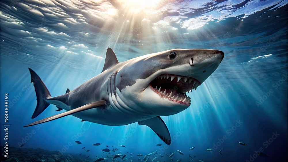 Dangerous shark swimming in the deep sea with its sharp teeth visible, shark, predator, underwater, ocean, marine life