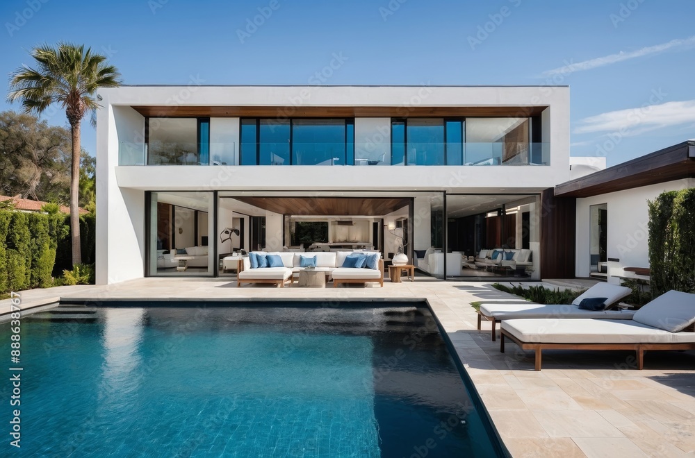 Modern white house with swimming pool and patio furniture on bright sunny day Modern white house with swimming pool and patio furniture on bright sunny day