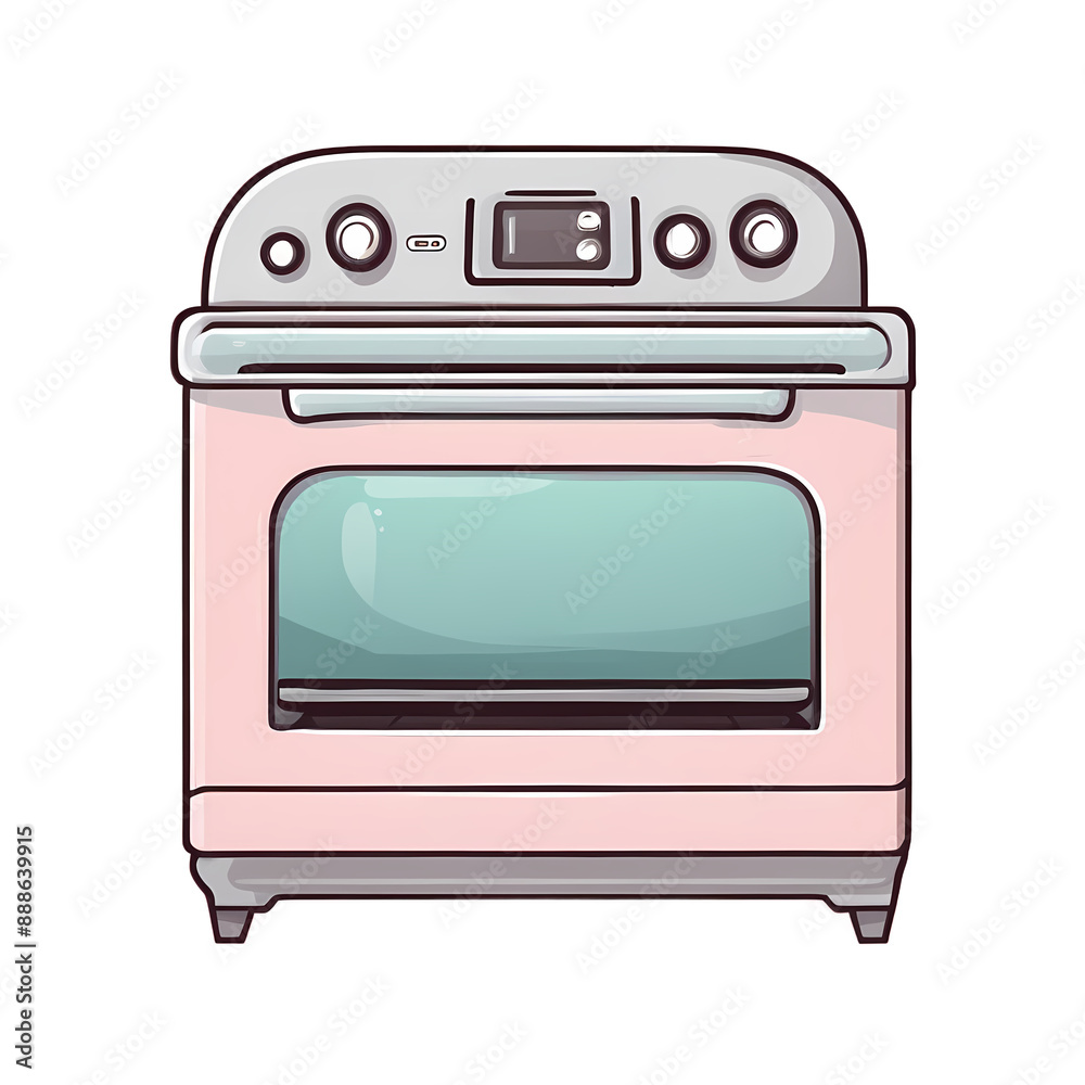 A cartoon oven with a digital display and a timer. The oven is pink and gray. Isolated on PNGs transparent background. A cartoon oven with a digital display and a timer. The oven is pink and gray. Isolated on PNGs transparent background.