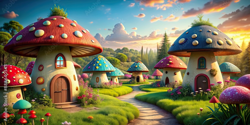 Whimsical mushroom houses in a vibrant village setting, fantasy, whimsical, mushrooms, village, colorful, unique