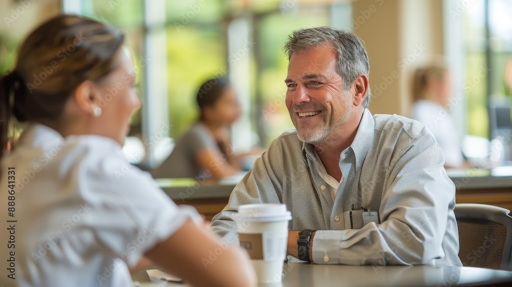 Colleagues having a discussion over coffee in a break room Generative AI Colleagues having a discussion over coffee in a break room Generative AI