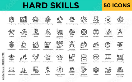 Hard Skills icon set with aerospace engineering, chemical engineering, robotics, biomedical engineering, material science, laboratory techniques, electronics repair icon. Simple line vector 
