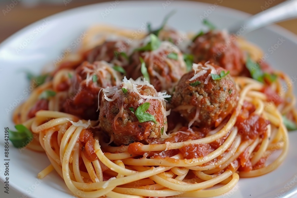 Italian pasta dish with meatballs and tomato sauce Italian pasta dish with meatballs and tomato sauce