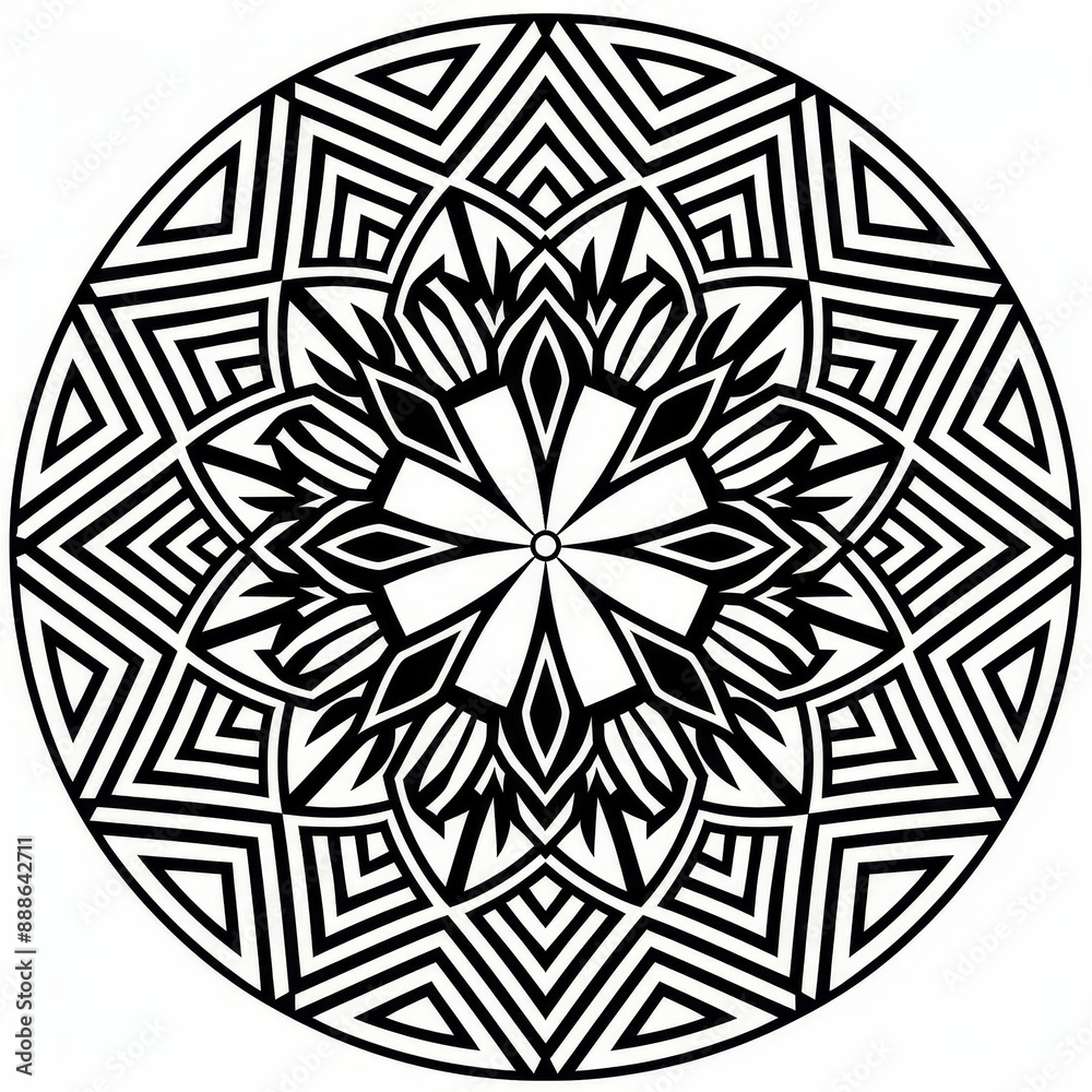 Fototapeta premium Symmetrical black line mandala featuring star patterns and fine detailing on white