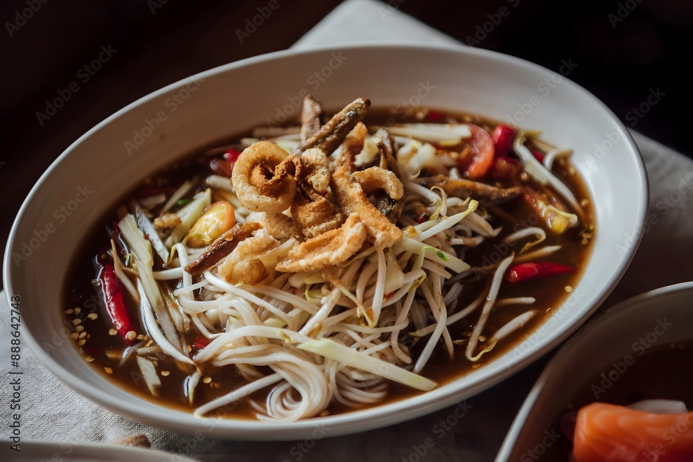 Traditional Thai food papaya salad prepared with fine slices of papaya, tomatoes, green beans and peanuts. Traditional Thai food papaya salad prepared with fine slices of papaya, tomatoes, green beans and peanuts.