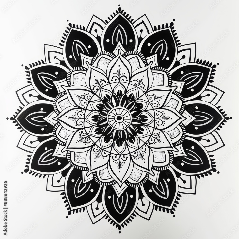 Symmetrical black line mandala with swirling vines and leaves on a white background Symmetrical black line mandala with swirling vines and leaves on a white background