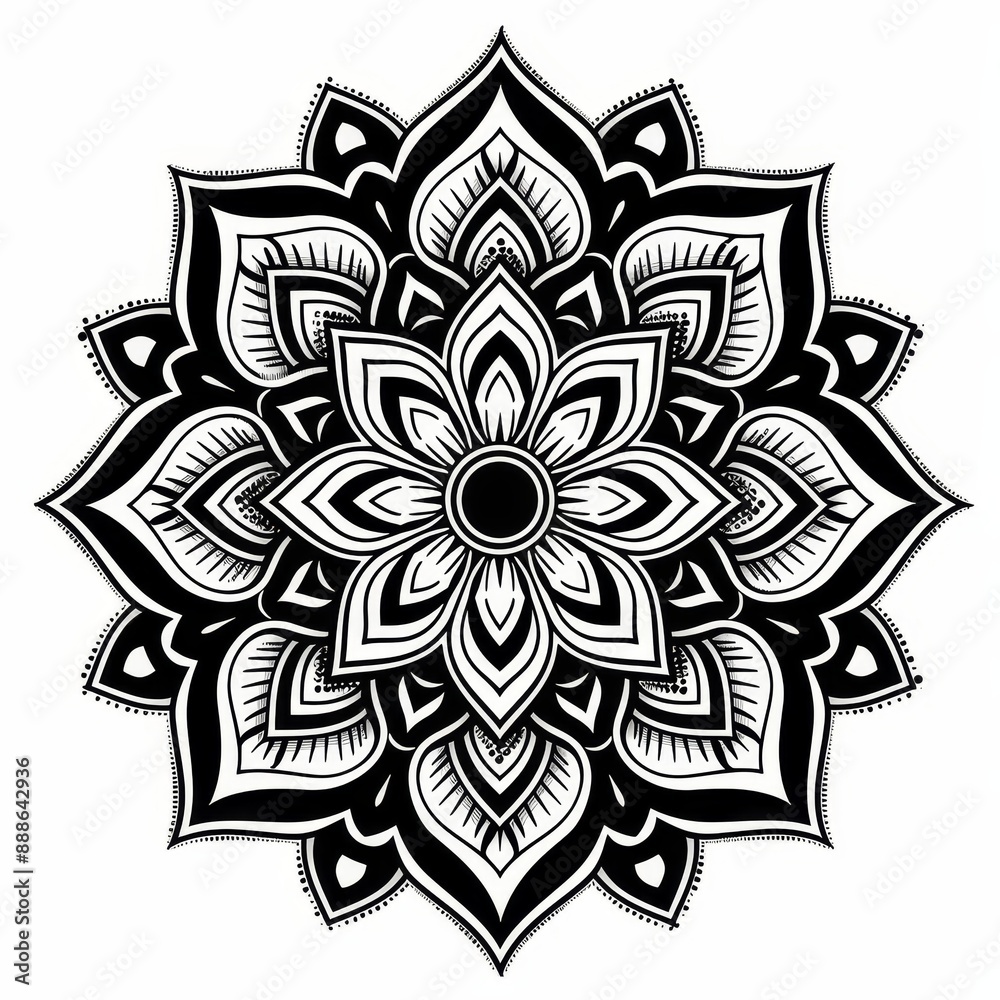 Symmetrical black line mandala with swirling vines and leaves on a white background Symmetrical black line mandala with swirling vines and leaves on a white background