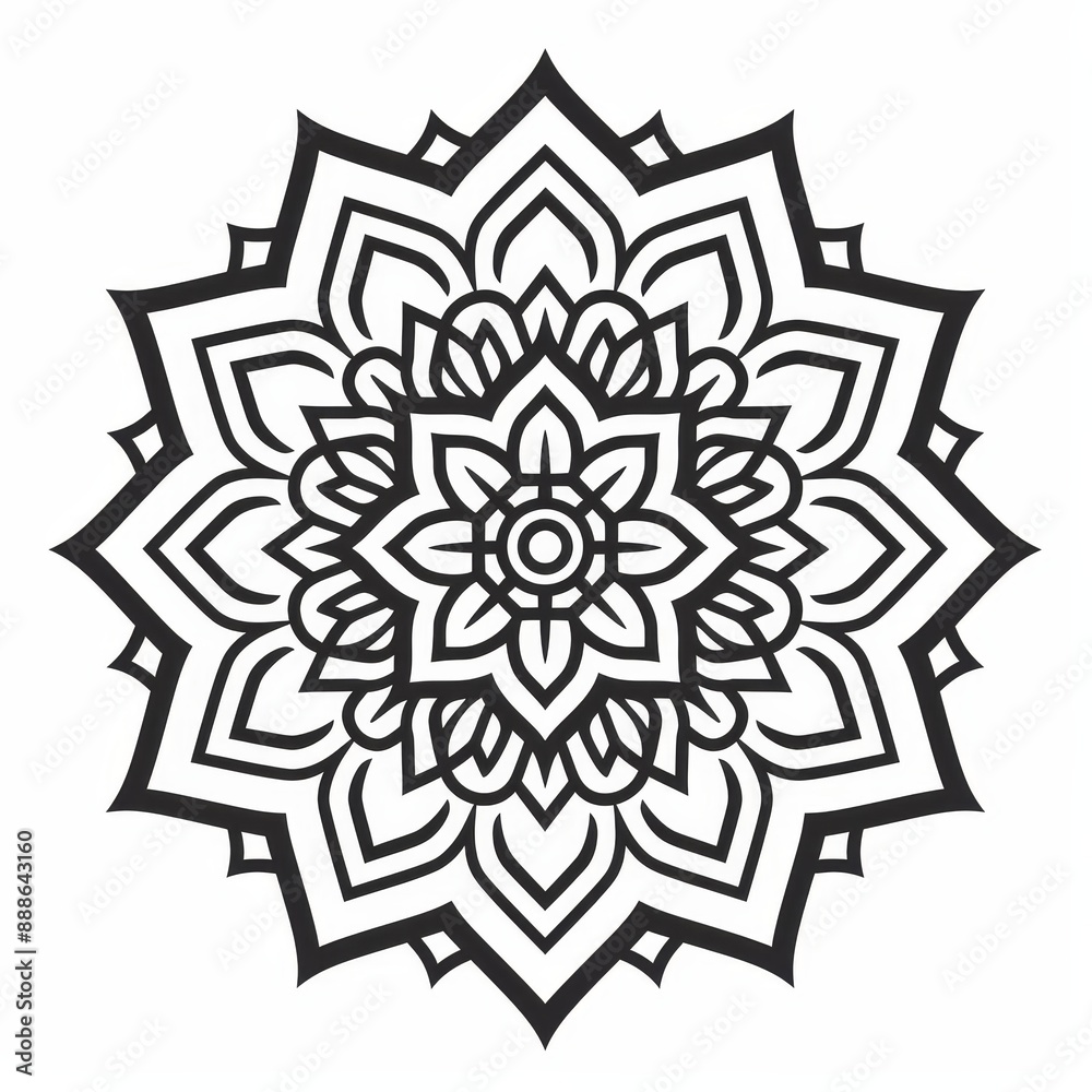 Symmetrical black line mandala with swirling vines and leaves on a white background Symmetrical black line mandala with swirling vines and leaves on a white background