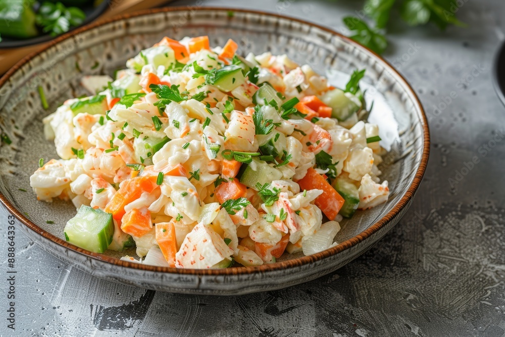 Japanese crab salad with crab meat cucumber carrots and spicy mayo dressing on table Japanese crab salad with crab meat cucumber carrots and spicy mayo dressing on table