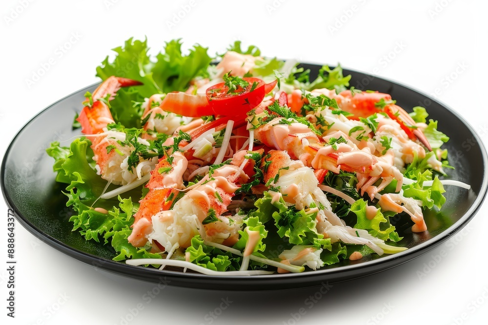 Japanese crab salad with Ponzu Mayo dressing on black plate on white background Japanese crab salad with Ponzu Mayo dressing on black plate on white background