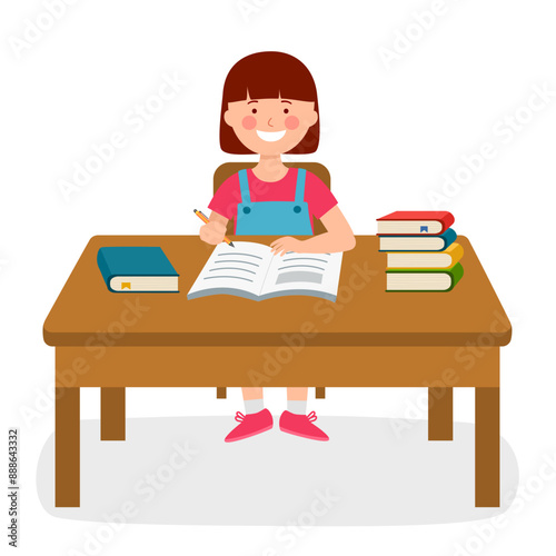 Girl kid doing homework or funny pupil studying lessons. Student sitting at table desk with books and writing in book.