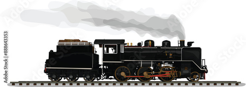 Realistic Classic black train Old steam locomotive isolated on white background.
