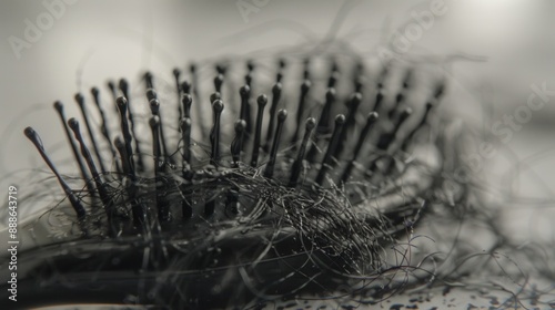 Hairbrush with tangled hair strands, hair loss concept.