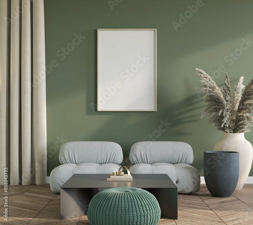 Blank white blank poster frame mockup in cozy living room interior background, modern art deco style, 3D render