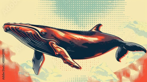 Vibrant Pop Art Illustration of a Humpback Whale Swimming in the Ocean with Retro Style