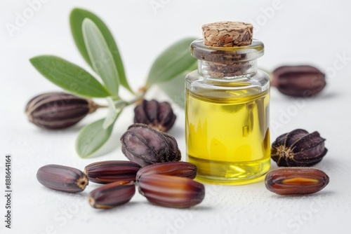 Jojoba fruits with oil on white background for cooking