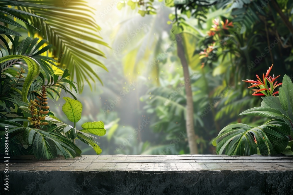Jungle background for cosmetic item on interior table with tropical plants Jungle background for cosmetic item on interior table with tropical plants