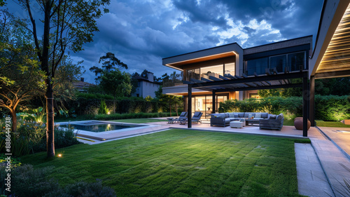 Minimalist-style backyard patio with a wooden deck, Modern Patio Furniture Surrounded. minimalist patio, backyard patio, wooden deck patio, modern patio furniture, patio design, minimalist backyard,