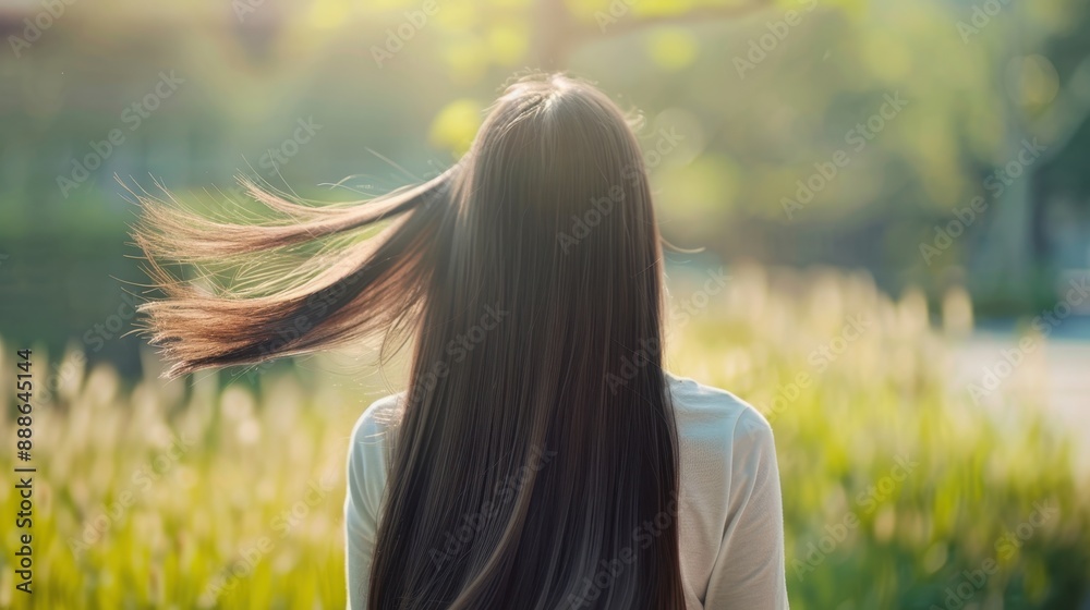Rear view of an asian woman walking in a summer field in the morning. Hair flowing with the gentle breeze. Rear view of an asian woman walking in a summer field in the morning. Hair flowing with the gentle breeze.