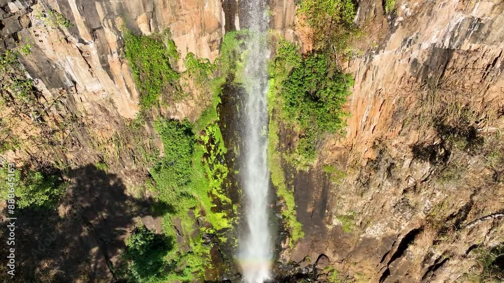 Scenic Waterfalls At Cassia Dos Coqueiros Sao Paulo Brazil. Aerial View Of A River Surrounded By Lush Green Tropical Rainforest. Countryside Dramatic Clouds Rural Field.