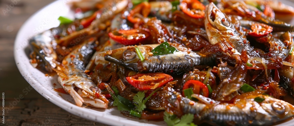 Korean dried fish stir fried to serve as a side dish for seafood lovers Korean dried fish stir fried to serve as a side dish for seafood lovers