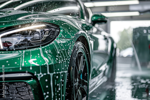 A car wash service. Green car with water and foam