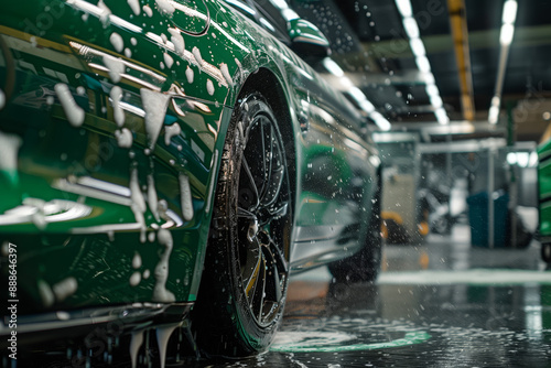 Green Car Getting Care and Treatment at a Professional Car Wash Service
