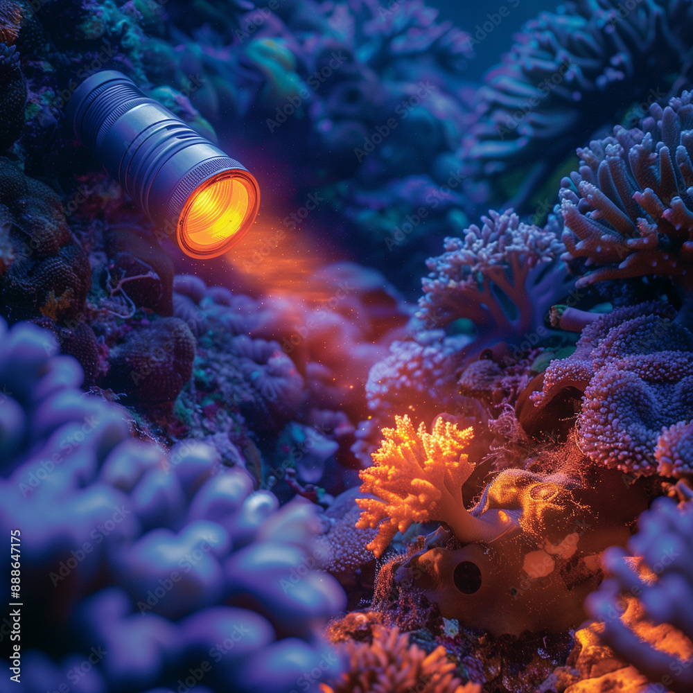 Fototapeta premium Underwater Exploration: Scuba Torch Lighting Up a Coral Reef