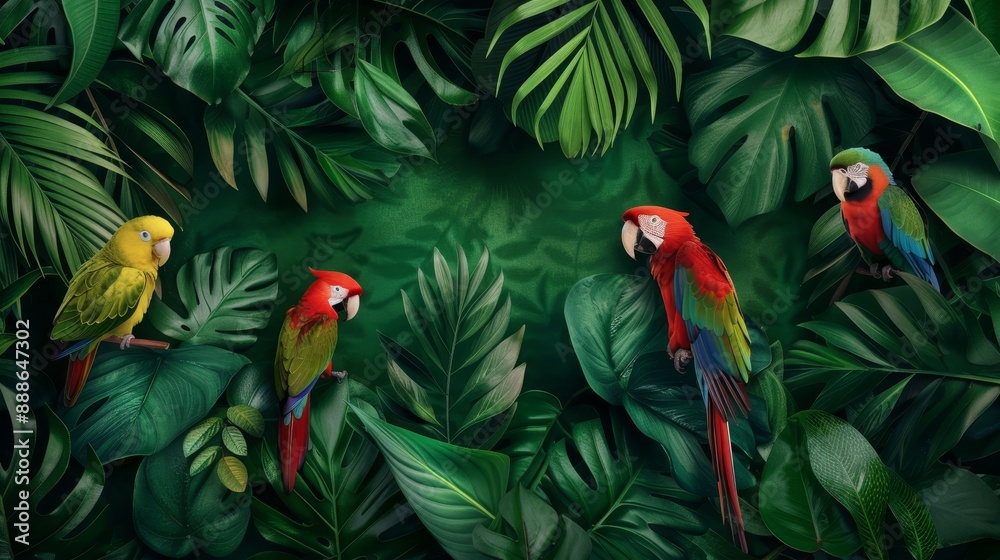 A dense, green rainforest teeming with wildlife, including colorful birds and exotic plants, emphasizing the richness of nature A dense, green rainforest teeming with wildlife, including colorful birds and exotic plants, emphasizing the richness of nature