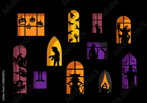 Scary silhouettes in Halloween windows. Creepy and spooky vector haunted house facade with pumpkin faces, witch, devil and ghosts, vampire, zombie, skeletal hands, black cat neighbors at horrible home