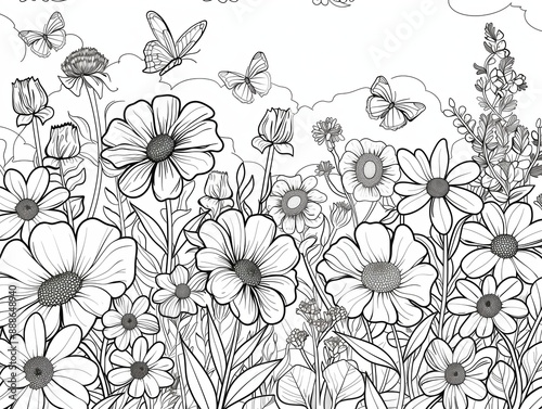 A coloring page of beautiful illustration of a field of wildflowers in full bloom, with butterflies fluttering among the blossoms, capturing the essence of a vibrant and serene natural landscape photo