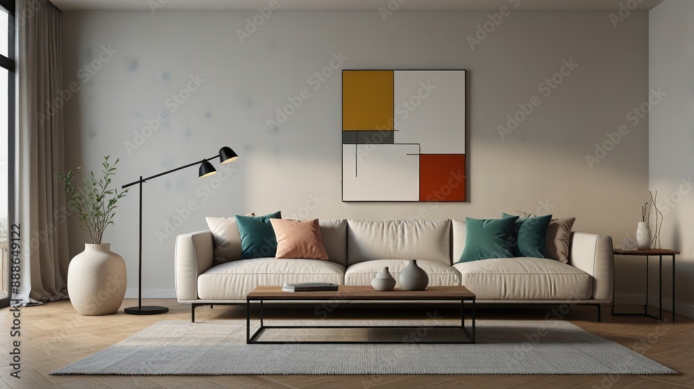 Fototapeta premium Aesthetic bright sunny elegant home living room interior design with comfortable lounge chair, hat, side table, flowers bouquet, shelf with decorations. interior design