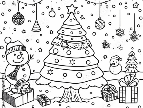 A coloring page of cheerful Christmas illustration featuring a decorated tree, a happy snowman, and presents, set against a snowy background with hanging ornaments