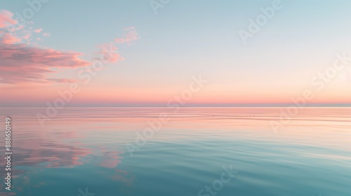 A tranquil scene of a pastel-colored sunset reflecting over the calm ocean, creating a peaceful and ethereal atmosphere with soft clouds enhancing the serene sky