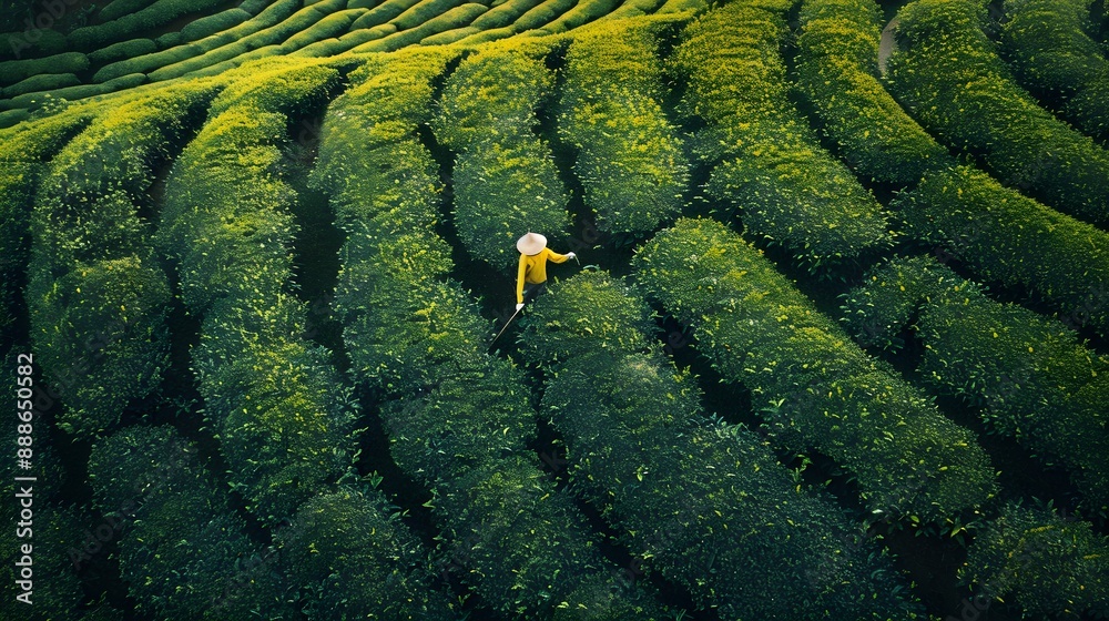 Fototapeta premium Worker harvesting tender tea shoots in a traditional tea field