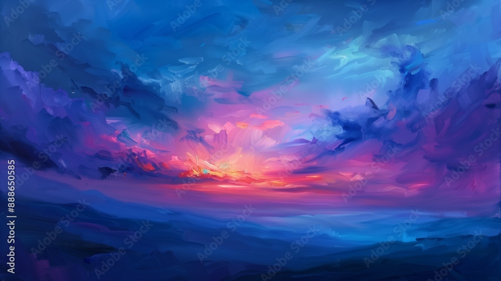 A dynamic and colorful painting of an evening sky, featuring bold brush strokes and vibrant hues of blue, pink, purple, and orange, capturing the dramatic beauty of a sunset A dynamic and colorful painting of an evening sky, featuring bold brush strokes and vibrant hues of blue, pink, purple, and orange, capturing the dramatic beauty of a sunset