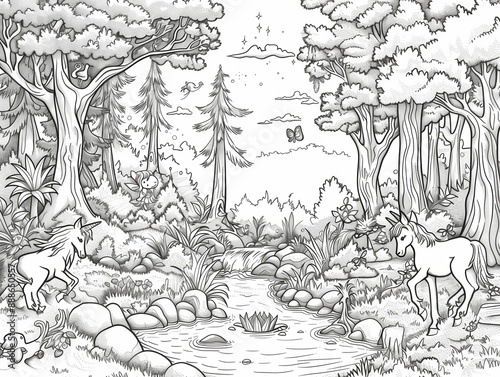 Wallpaper Mural A coloring page of whimsical illustration of two unicorns frolicking by a sparkling stream in a lush, magical forest, surrounded by vibrant plants, butterflies, and forest animals Torontodigital.ca