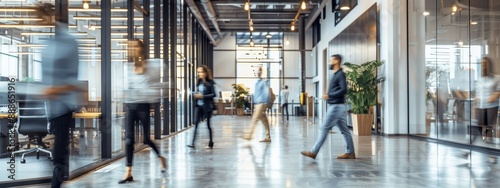 a group of blurred people workers employees walking and working in the business office. white bright color tones. busy time. wide banner wallpaper background for ads, web design, sites