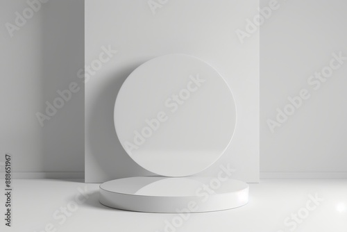 Modern style abstract white stage with round podium for displaying and presenting cosmetic products goods advertising design sale and text