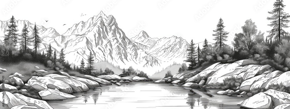 Mountain landscape with a stream. Sketch illustration. Mountain landscape with a stream. Sketch illustration.