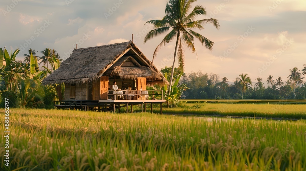 Bamboo in a Southeast Asian rice field, offering a unique and relaxing dining experience with sustainable energy and rooftop views Bamboo in a Southeast Asian rice field, offering a unique and relaxing dining experience with sustainable energy and rooftop views