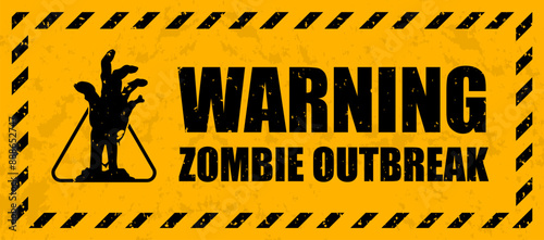 Grunge warning caution, Halloween zombie outbreak beware sign, vector horror holiday. Apocalypse monster attack attention sticker with zombie hand caution sign on yellow background in striped frame