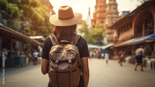 Close Up: Backpack on Woman Traveler Walking Trail © vista